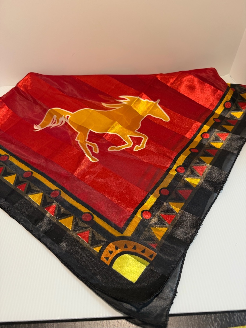 Vintage 90s Southwestern Graphic Horse Satin Wild‎ Rag Scarf 36"